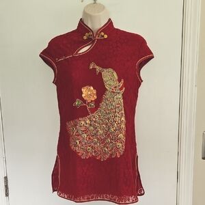 Wei Na Si Asian Lace Peacock Rose Top Size XL RUNS SMALL
